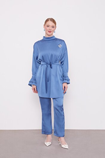 Levidor Indigo Sleeve Ruffle Detailed Two-Piece Set