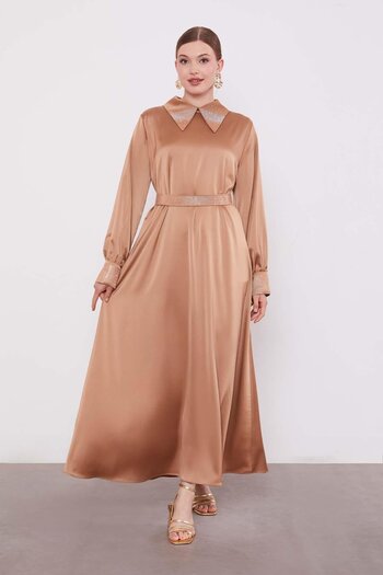 Levidor Mink Stone Detailed Satin Dress