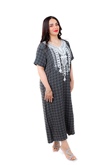 amaan Women's Embroidered Midi Jalabiya, Traditional Yoke Design, CEY Fabric, Round Neck, Dress,
