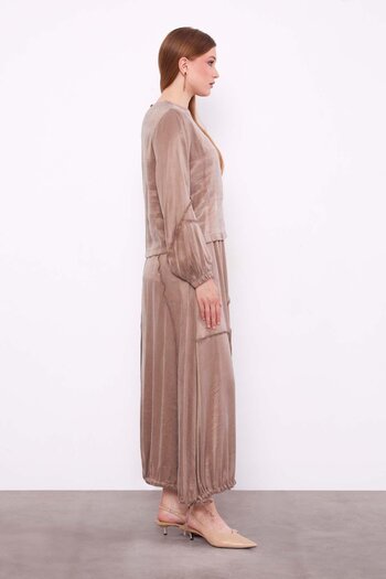 Levidor Oil Green Asymmetrical Ruffle Detailed Cupra Skirt Set
