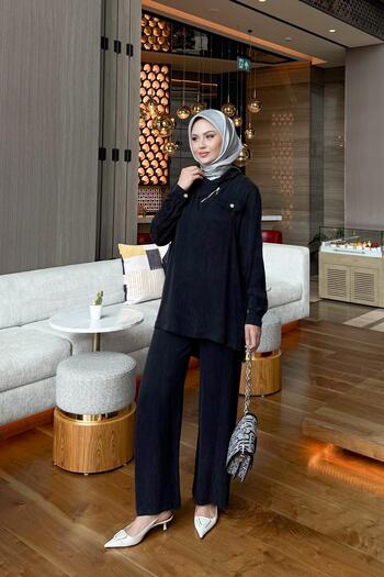 Levidor Black Zipper Collar Button Pocket Detailed Tunic Set