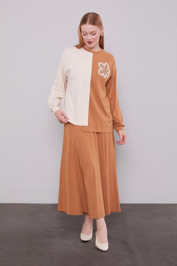 Levidor Camel Two-Tone Asymmetrical Skirt Suit
