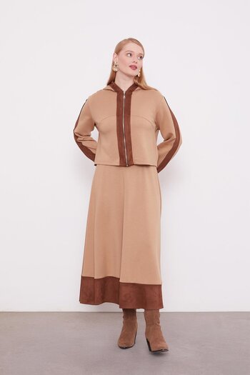 Levidor Camel Short Cardigan Zipper Closure Skirt Set