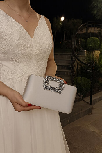 H&D COLLECTİON WOMEN'S SATIN SILVER EVENING DRESS WITH STONE BUCKLE CLUTCH PORTFOLIO HAND WEDDING ENGAGEMENT EVENING BAG