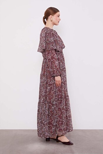 Levidor Burgundy Ethnic Patterned Chiffon Dress