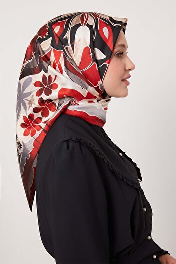 Levidor Burgundy Mixed Floral Pattern Twill Silk Scarf