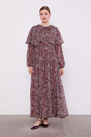 Levidor Burgundy Ethnic Patterned Chiffon Dress
