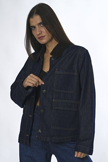 ABBRA Women's 100% Cotton Velvet Collar Jean Jacket