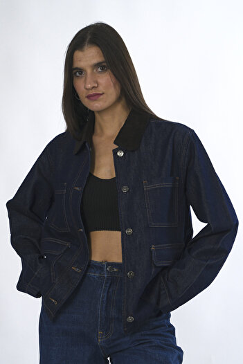 ABBRA Women's 100% Cotton Velvet Collar Jean Jacket