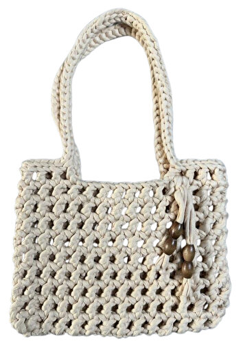Uretti - Emine 9106 Hand Knitted Combed Cotton Fabric Shoulder Bag with Wooden Bead Detail - 27 X 21