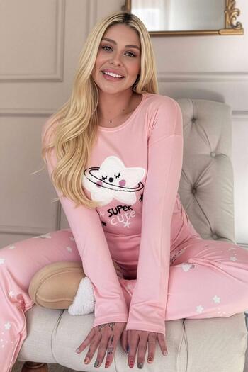 Pijamaevi Salmon Cute Patterned Thermal Women's Pajama Set