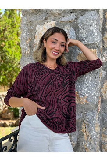 Punta Otantik Nc11285 Italian V-Neck Zebra Pattern Knitwear Blouse Cherry
