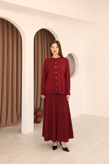 QUAWEAR Crew Neck Metal Buttoned Raglan Sleeve Cardigan and Flared Skirt Mercerized Top and Bottom Two-Piece Set