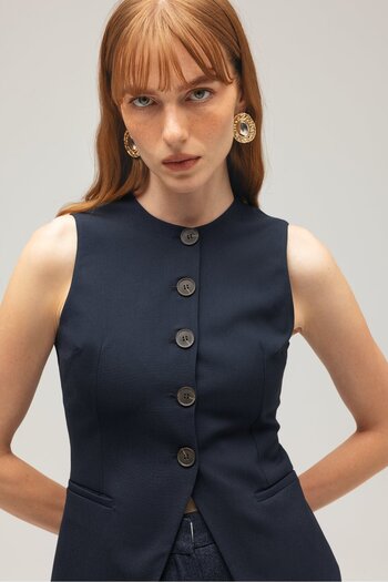 Saade Navy Blue Women's Modern Fit Straight Cut Buttoned Woven Vest