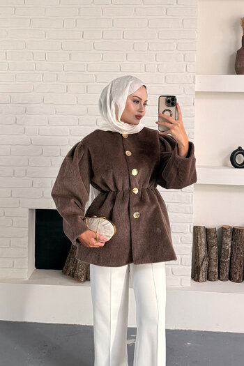 LOCCO Women's Gold Button Detail Coat Brown