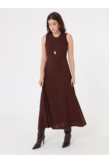 Refka Sleeveless Crew Neck Flared Cut Hijab Dress - Brown -