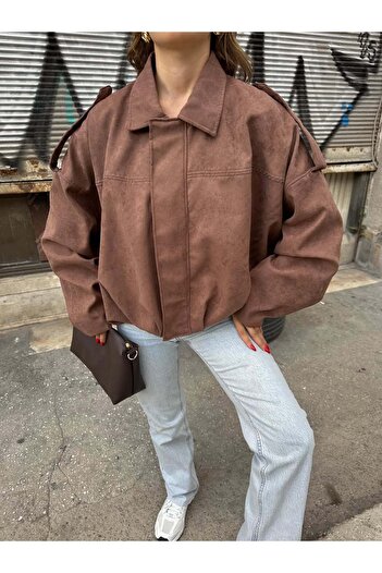 RosePearl Women's Oversize Bomber Suede Light Brown Jacket