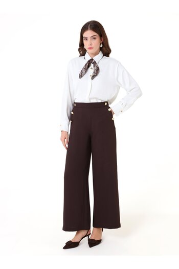 Refka High Waist Gold Buttoned Wide Leg Trousers - Aci Coffee -