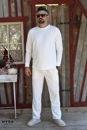 Nyda Collections Men's Corduroy Striped Regular Long Sleeve Sweatshirt with Pockets Elastic Waist Lace-Up Pants Set