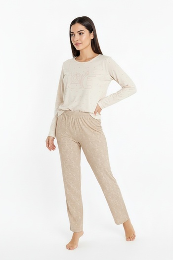 Bravie Elite Viscose Long Pajama Set with Six Patterns and Love Written on the Top, Cream 3562