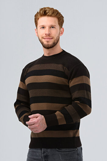HEDEFNUR TEKSTİL Men's and Middle-Aged Striped Patterned Winter Thick Knitwear Crew Neck Knitwear Sweater