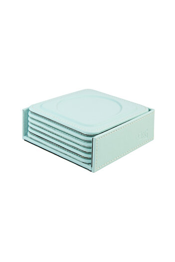 2K Coasters, Set of 6, Desktop Round Cup Coaster, Vegan Faux Leather, 11X11 Cm., Water Green