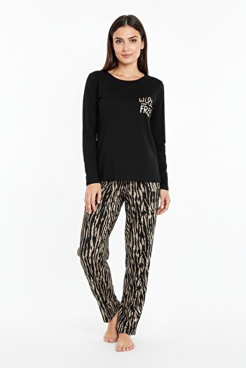 Bravie Elite Viscose Long Pajama Set with Six Brown Zebra Patterns with Writing on the Top Black 3553