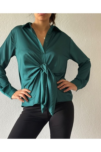 DİMA Woven Satin Long Sleeve Tie-Up Shirt
