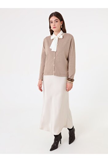 Refka Gold Button Detailed Crew Neck Knit Cardigan - Mink -