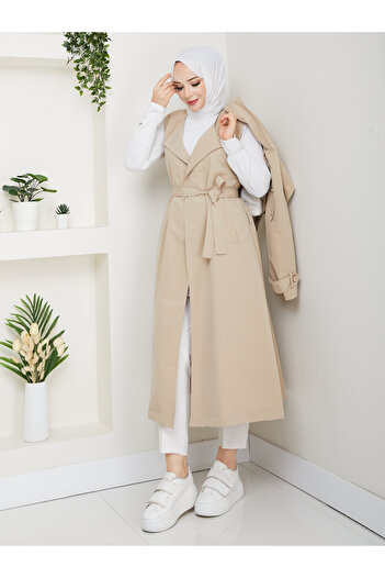 LE CARAMBOLE Women's Beige Belted Vest-Jacket Double Trench Coat