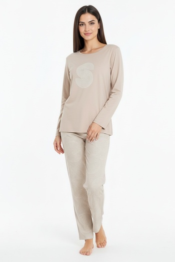 Bravie Elite Viscose Long Pajama Set with Six Round Patterns and Text on Top Cream 3560