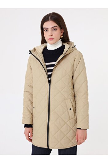 Refka High Collar Hooded Drawstring Quilted Coat - Beige -