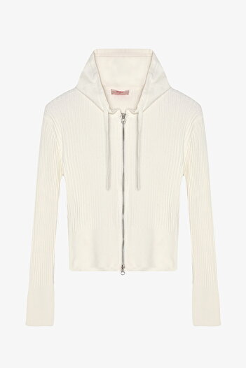 Quzu Zippered Hooded Knitwear Cardigan Ecru