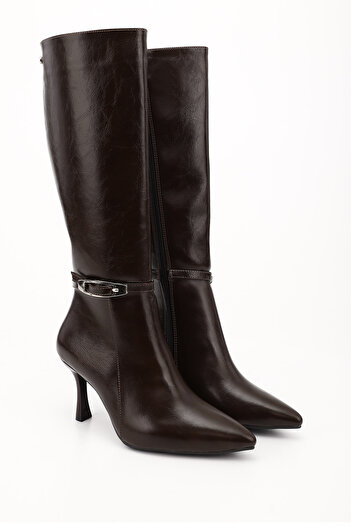 GÖNDERİ(R) Women's / Girls' Brown Zippered Pointed Toe Thin Heeled Boots