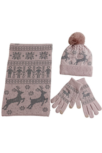 Tessero Set of warm Christmas-themed hat, gloves and scarf, 3 pieces, knitted pattern with reindeer, one
