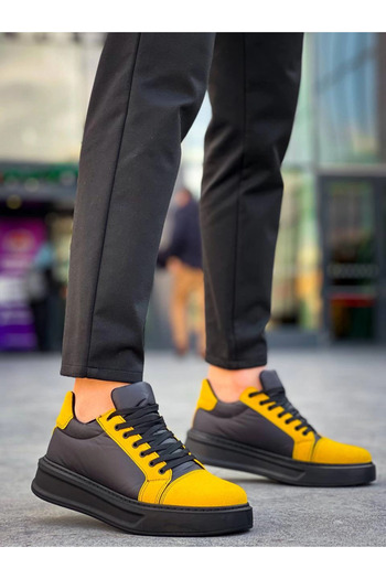 Zerenyus Zrn-X46 Premium Black Yellow Patent Leather Lace-Up Casual Men's Shoes