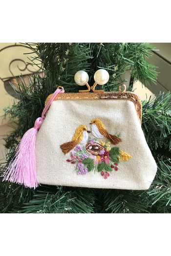 Home Mini Wallet 10X15 cm Bird's Nest Cream Linen Embroidered by Hand. 100% Handmade