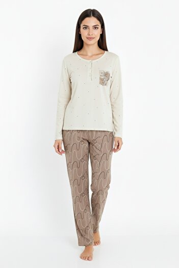 Bravie Elite Viscose Long Pajama Set with Polka Dots on Top and Six-Line Pattern on the Bottom Cream 3569