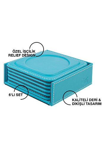 2K Coasters, Set of 6, Desktop Round Cup Coaster, Vegan Faux Leather, 11X11 Cm., Turquoise
