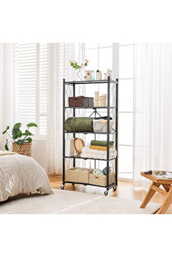 Generic 5-Tier Foldable Storage Shelves with Wheels, Folding Metal Rack Shelving Unit, Heavy Duty No Assembl