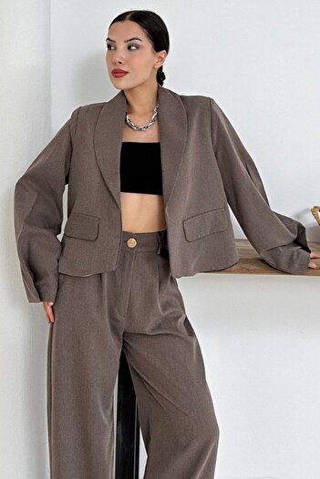VAGGON Women's Brown Crop Jacket with Pocket Accessories and Double Pocket Pants Set Vs01254