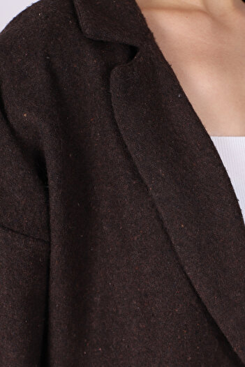 armonika Women's Dark Brown Men's Collar Oversized Jacket with Side Slits Arm-26K001009