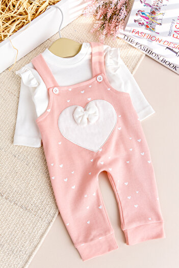 Babymod Heart Patterned Bow Baby Girl Jumpsuit Salopet Set