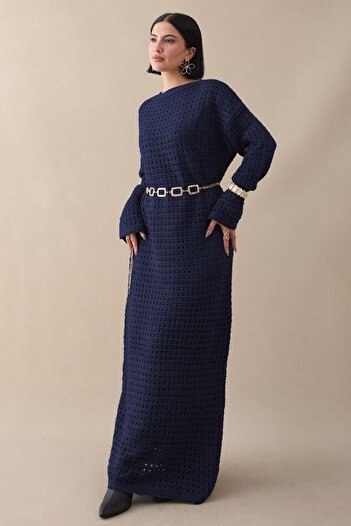 InStyle Openwork Navy Blue Knitwear Dress