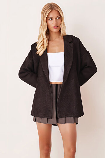 armonika Women's Dark Brown Men's Collar Oversized Jacket with Side Slits Arm-26K001009