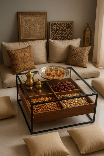 MARIA HOMES Modern Glass Coffee Table with Wooden Storage Compartments & Black Frame – 80x80x45cm