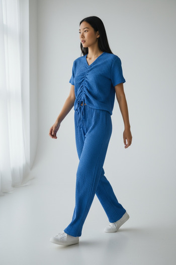 NEWCO Wrinkled Fabric Pants and Blouse with Rope Detail, Seersucker Two-Piece Set