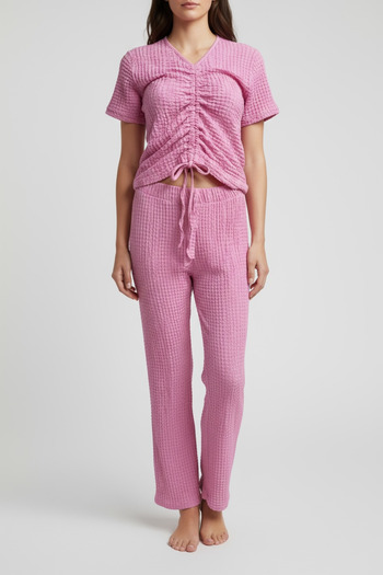 NEWCO Wrinkled Fabric Pants and Blouse with Rope Detail, Seersucker Two-Piece Set