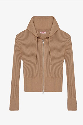 Quzu Zippered Hooded Knitwear Cardigan Mink