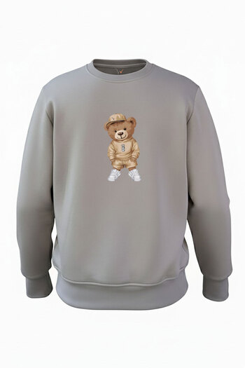 WİDİ Teddy Bear Printed Regular Fit 3-Thread Ribbed Crew Neck 100% Cotton Anthracite Sweatshirt